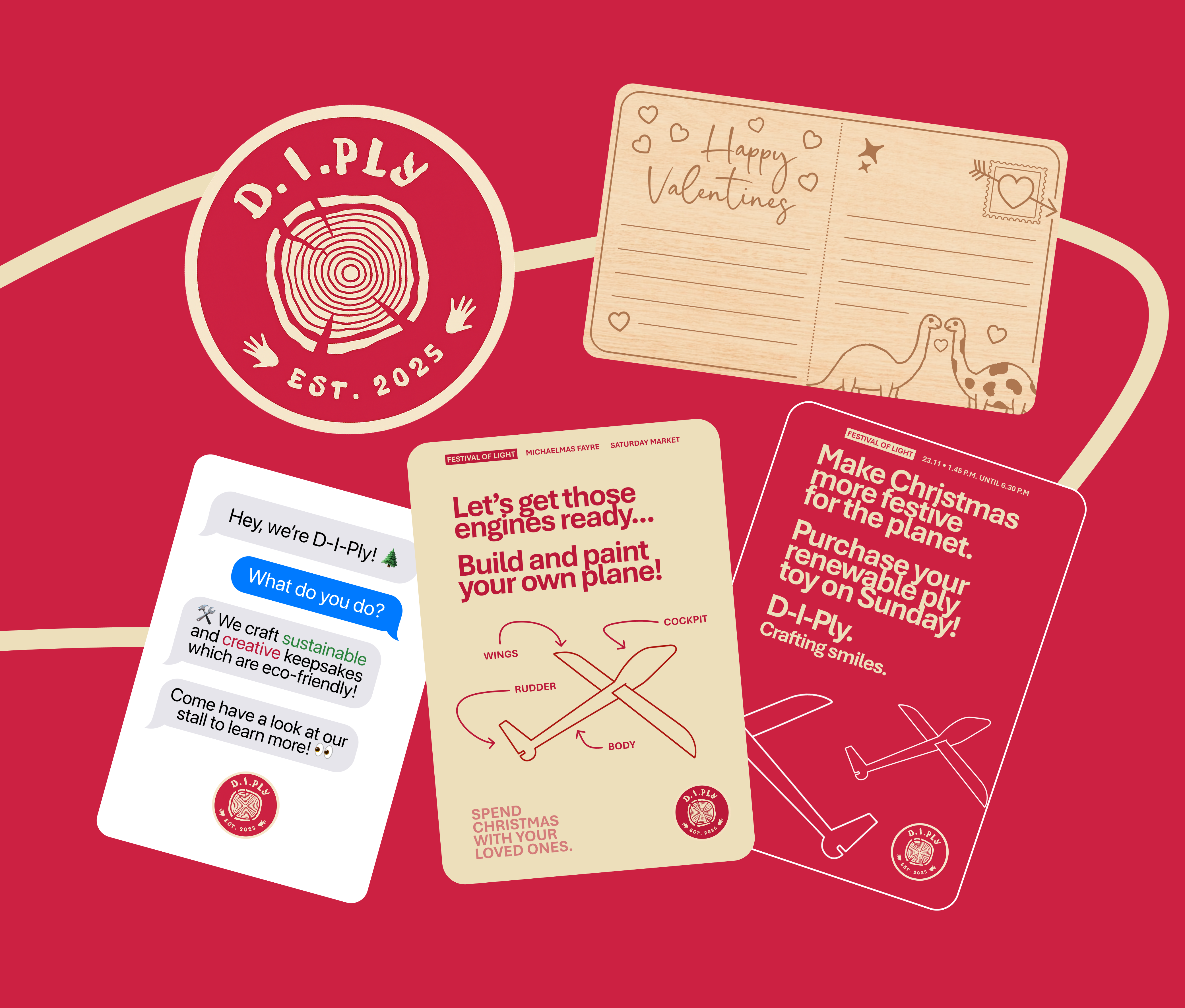 Posters, postcards and other design assets connecting the D-I-Ply brand