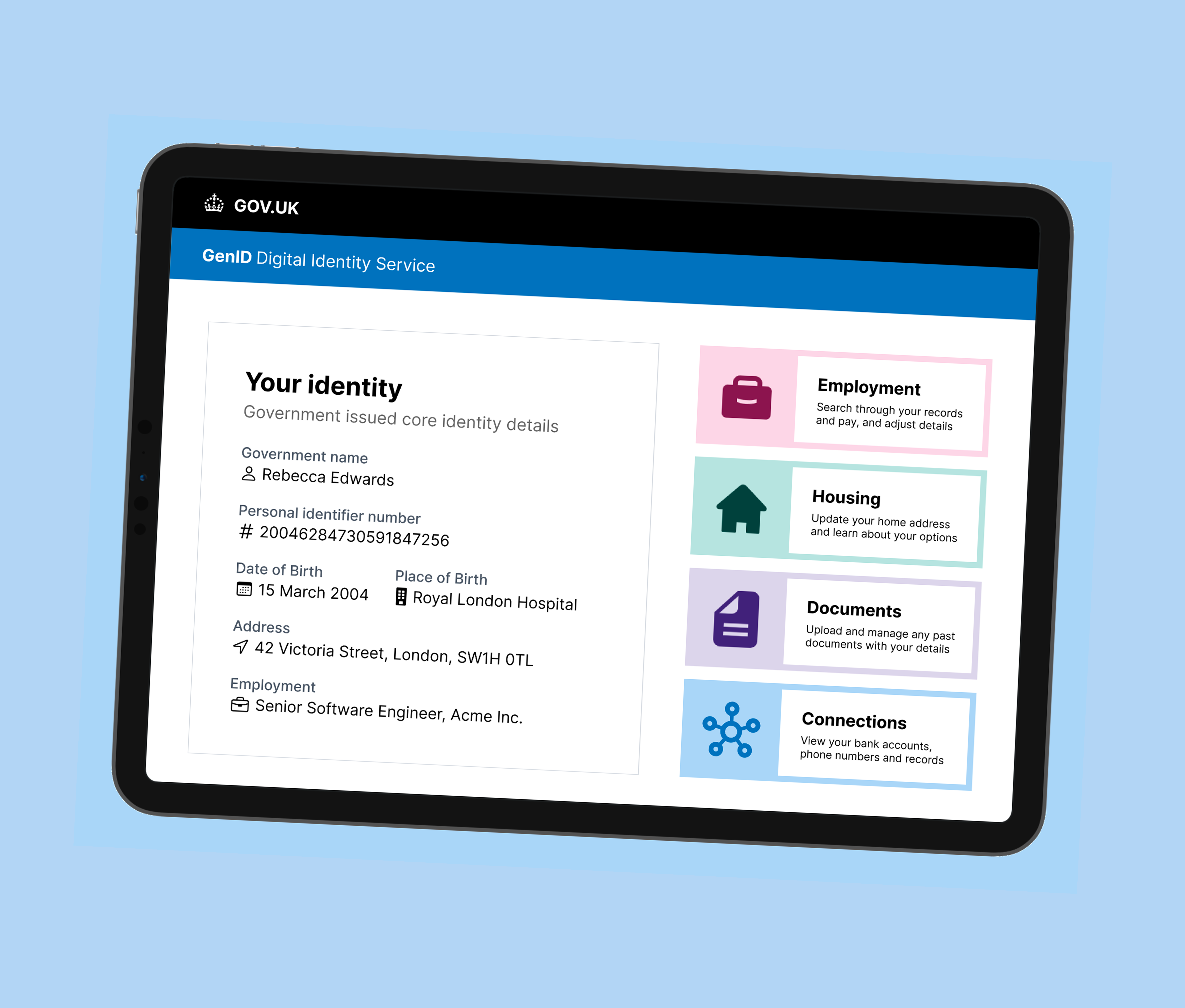 Concept of the GenID service utilising GOV.UK design terminology